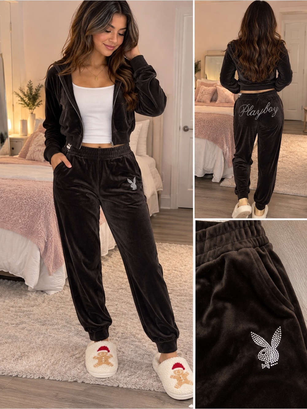 Playboy Black Velour Joggers Rhinestone Bunny Logo Y2K Size M
